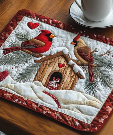 Cozy Cardinals Quilted Placemat — Warm Winter Table Mat with Cardinal Motif, Padded Quilting for Heat Protection, Durable & Easy-To-Clean Holiday Accent