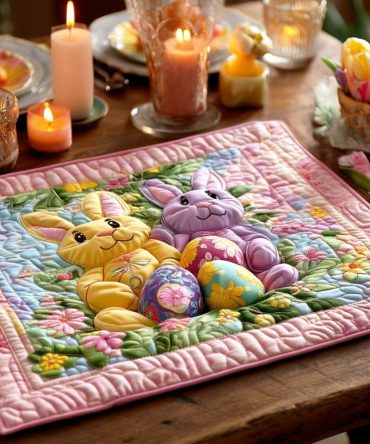 Easter Bunny Quilted Placemat — Spring Table Décor, Cute Bunny Place Mat, Machine Washable Cotton Blend, Holiday Brunch Accent