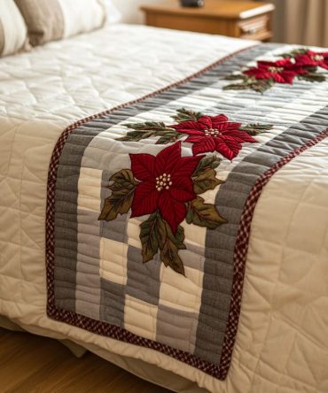 Cozy Evergreen Quilted Bed Runner — Warm Pine Holiday Bed Scarf, Plush Quilting, Reversible Design, Ideal For Cabin & Cottage