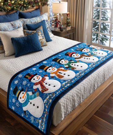 Cozy Frost Gathering Quilted Bed Runner - Winter Themed Bed Scarf, Stitched Decorative Accent For Seasonal Bedroom Styling