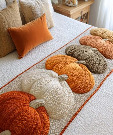 Cozy Knit Pumpkins Quilted Bed Runner — Autumn Knit-Style Pumpkin Bed Scarf For Fall & Thanksgiving Décor, Quilted, Reversible