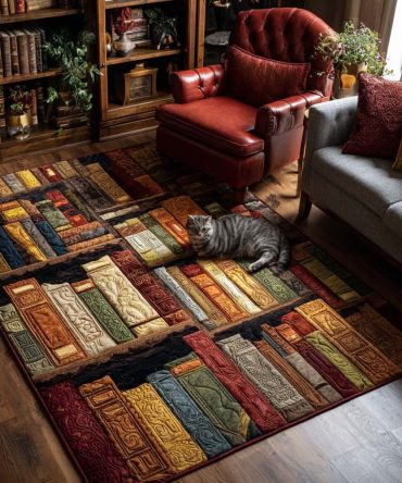 Library-Inspired Plush Area Rug — Warm Study & Reading Nook Accent Rug For Home Office, Library, Living Room; Soft Low-Pile Comfort