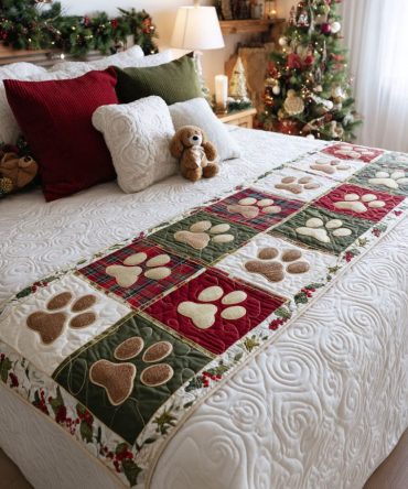 Cozy Pawtrail Quilted Bed Runner — Soft Textured Runner With Whimsical Pawprint Design For Warm, Pet-Friendly Bedroom Styling
