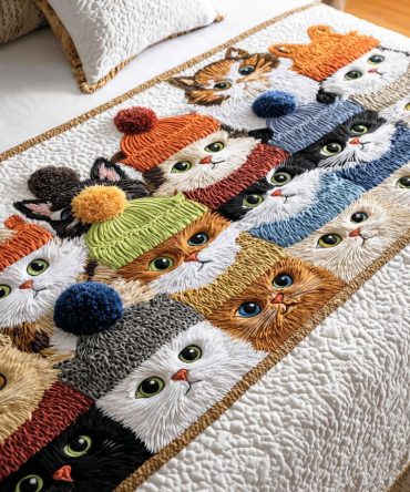 Cozy Purrland Quilted Bed Runner — Warm Cat-Themed Decorative Bed Scarf For Comforted, Stylish Bedrooms, Cotton-Blend, Durable