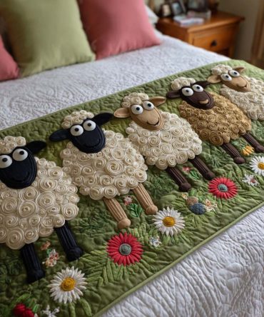 Cozy Sheep Quilted Bed Runner — Warm Farmhouse Throw With Sheep Motif, Quilted Decorative Accent For Bed, Bench & Sofa