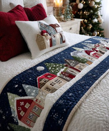 Cozy Street Quilted Bed Runner — Charming Holiday Street Scene Bed Scarf, Quilted Bedroom Accent To Add Warmth & Festive Cheer To Any Bed