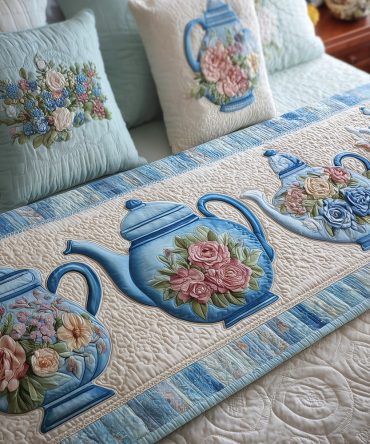 Cozy Teatime Quilted Bed Runner — Warm Floral Bed Scarf, Plush Quilting, Ideal For Relaxed Cottage & Farmhouse Bedrooms