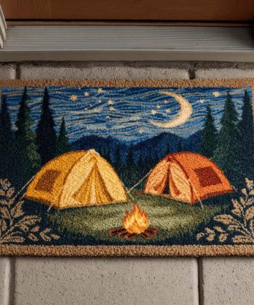 Cozy Tents Welcome Mat - Cute Camping Doormat For Outdoors, Durable Non-Slip Porch Rug With Tents & Campfire Design, Gift For Campers