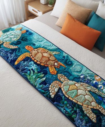Cozy Turtle Lane Quilted Bed Runner — Warm Neutral Tones With Turtle Motif, Soft Cotton-Blend, Reversible For Layered Bedroom Styling