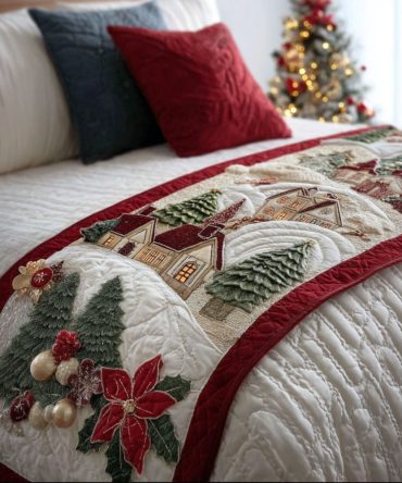 Cozy Village Dream Quilted Bed Runner — Scenic Winter Cottage Bedding Accent To Create Warm, Charming Holiday Bedroom Vibes