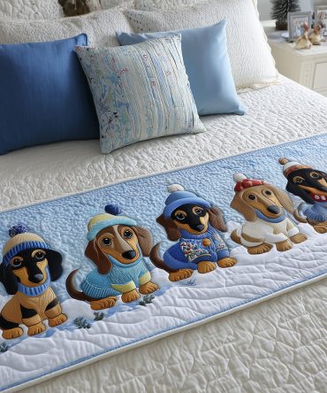 Cozy Wiener Quilted Bed Runner — Playful Dachshund Print Bed Scarf, Soft Quilting, Fun Accent For Pet-Lover Bedrooms & Kids' Rooms