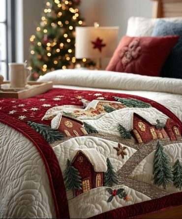 Cozy Winter Town Quilted Bed Runner — Charming Snowy Village Bedding Accent To Warm Up Bedrooms, Guest Rooms & Cabins