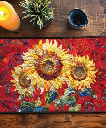 Crimson Sunflower Spark Statement Quilted Placemat - Deep Red Floral Print, Thick Cotton Padding, Fade-Resistant & Easy-Care Table Accent