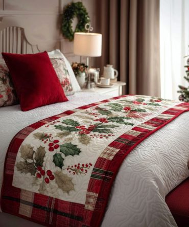 Crimson Berry Quilted Bed Runner — Festive Holiday Bedding Accent With Patchwork Berry Motif For Cozy Christmas Bedroom Makeover