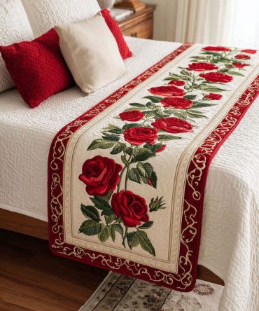 Crimson Bloom Luxury Quilted Bed Scarf — Vibrant Red Floral Bed Runner For King & Queen Beds, Soft Machine-Washable