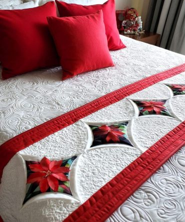Crimson Bloom Quilted Bed Runner — Luxurious Red Floral Christmas Bed Scarf, Quilted Holiday Accent For Elegant Bedroom Styling, Washable