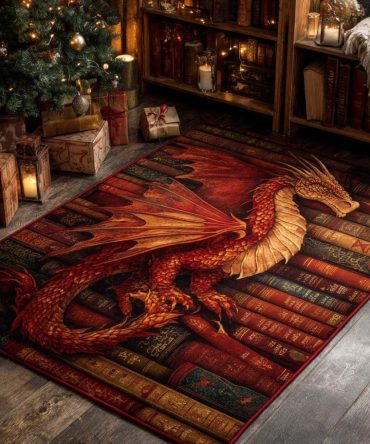 Crimson Cavern Dragon Area Rug - Fantasy Dragon Design For Game Room & Bedroom, Vibrant Red Print, Durable Low-Pile, Non-Slip Backing