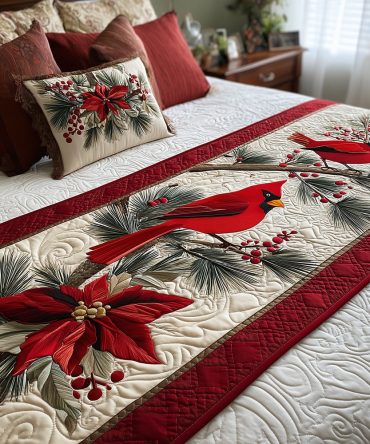 Crimson Companions Quilted Bed Scarf - Festive Red Companion Bird Runner, Plush Decorative Accent For Holiday Bedding