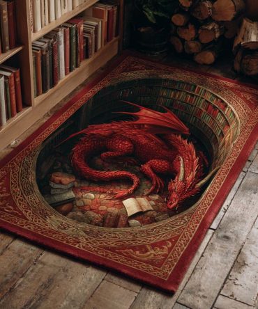 Crimson Dragon Hoard Area Rug - Treasure-Themed Red Dragon Print For Fantasy Fans, Soft Plush Low-Pile, Durable, Non-Slip Backing