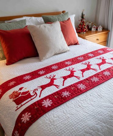 Crimson Driver Quilted Bed Scarf - Rustic Red Transport Motif Runner, Cozy Decorative Accent For Country & Cabin Decor