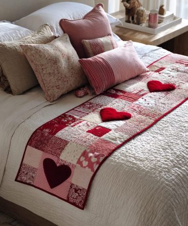 Romantic Crimson Quilted Bed Runner — Luxury Red Heart Accent Throw For Bed, Soft Cotton Blend, Perfect Valentine Decor