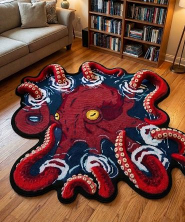 Crimson Kraken Octopus-Shaped Area Rug — Nautical Custom Accent Rug For Kids’ Rooms, Themed Spaces & Coastal Homes