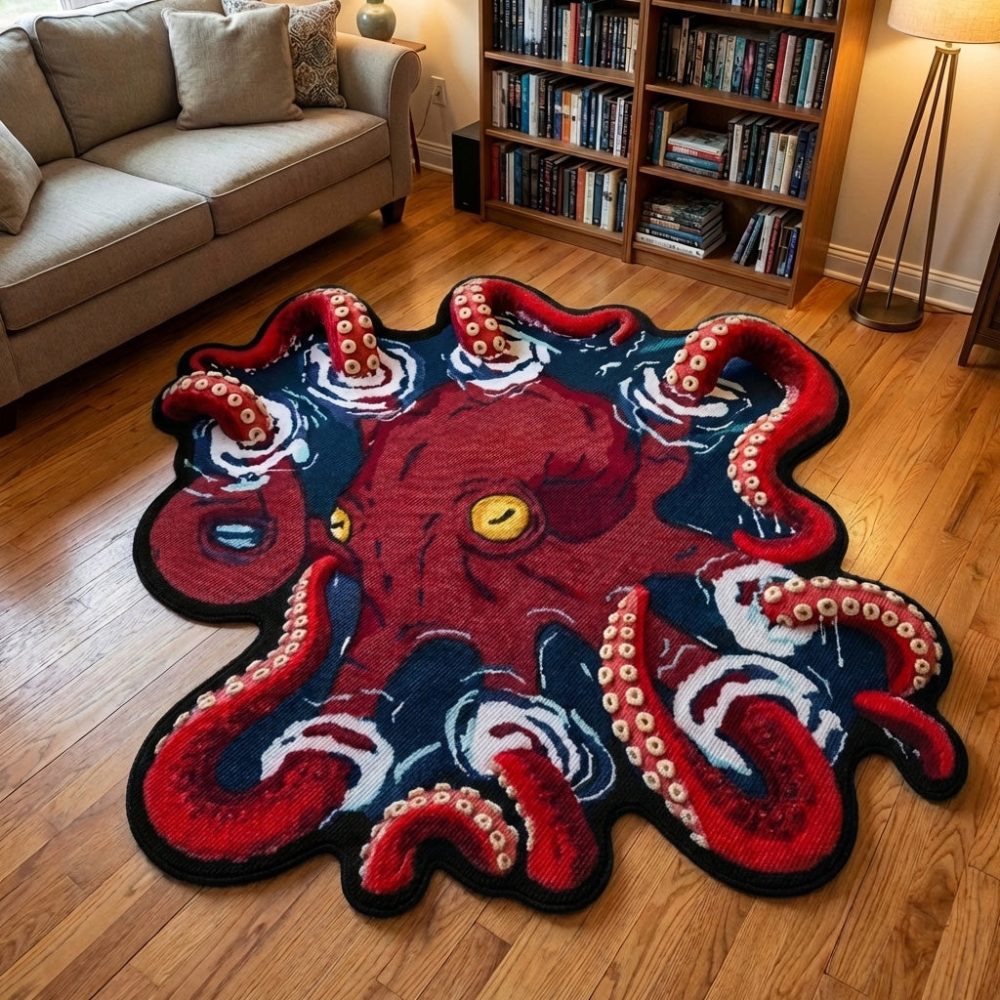 Crimson Kraken Octopus-Shaped Area Rug — Nautical Custom Accent Rug For Kids’ Rooms, Themed Spaces & Coastal Homes