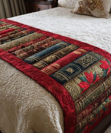 Crimson Library Quilted Bed Runner — Deep Red Book-Themed Bed Scarf, Rich Quilted Accent For Cozy, Elegant Bedroom Styling