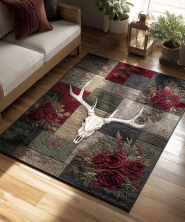 Crimson Longhorn Bloom Western Floral Area Rug — Bold Red Statement Rug For Entryway, Living Room & Farmhouse Décor