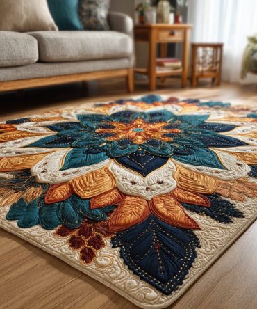 Crimson Lotus Medallion Area Rug — Elegant Red Floral Rug For Bedroom, Yoga Space & Chic Bohemian Interiors