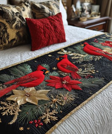 Crimson Midnight Birds Quilted Bed Scarf - Dramatic Red & Black Runner For Beds, Reversible, Easy-Care Luxury Accent