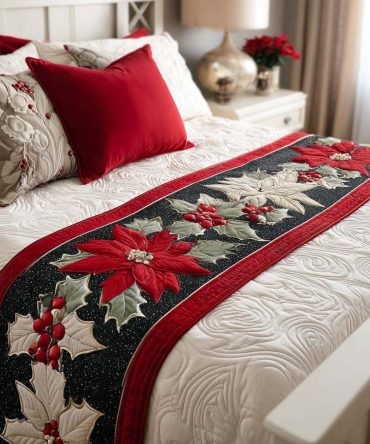 Crimson Petals Floral Quilted Bed Runner — Vibrant Red Bed Scarf For Romantic Bedroom Styling, Soft Padded Accent, Easy-Care