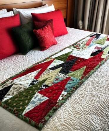Crimson Pines Quilted Bed Runner - Deep Red Holiday Runner With Pine Silhouettes For Christmas Bedroom Decor, Reversible Cotton-Blend Accent