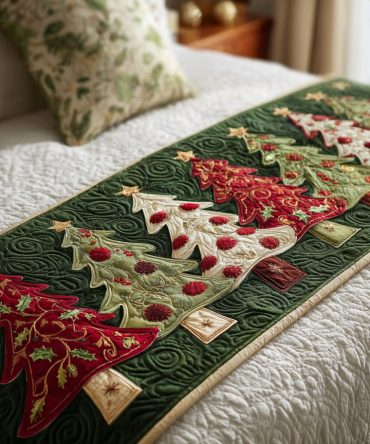 Crimson Pines Quilted Bed Runner , Deep Red Pine Motif For Holiday Bedding, Queen & King, Reversible, Machine-Wash