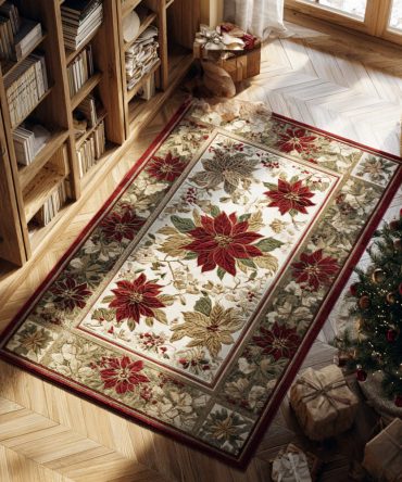 Crimson Poinsettia Holiday Border Rug — Festive Red Christmas Area Rug For Entryway, Kitchen & Seasonal Decorating