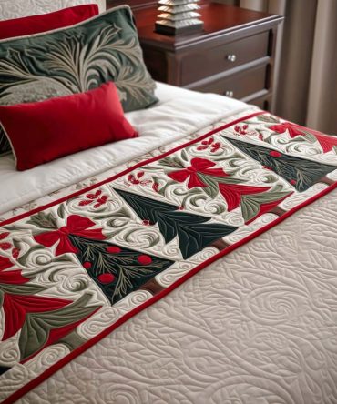 Crimson Ribbon Quilted Bed Scarf — Luxe Festive Bed Runner With Red Accent, Reversible Cotton-Blend For Holiday Styling