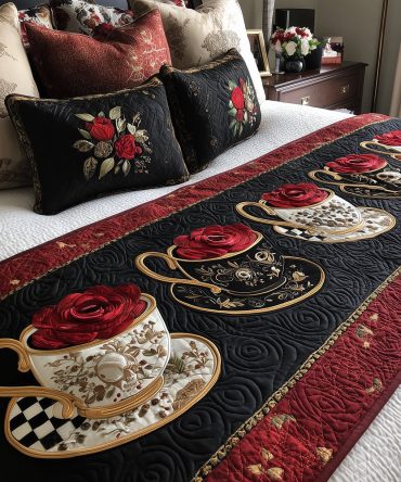 Crimson Teacup Bloom Quilted Bed Scarf — Rich Red Floral Teacup Runner For Classic & Eclectic Bedrooms, Quilted Texture & Decorative Flair