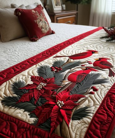 Crimson Wings Quilted Bed Scarf - Bold Red Bird Motif Runner, Decorative Bedding Accent For Modern & Rustic Rooms