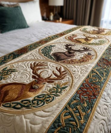 Regal Crowned Antlers Quilted Bed Runner — Luxury Woodland-Inspired Accent, Reversible Cotton-Blend For King & Queen Beds