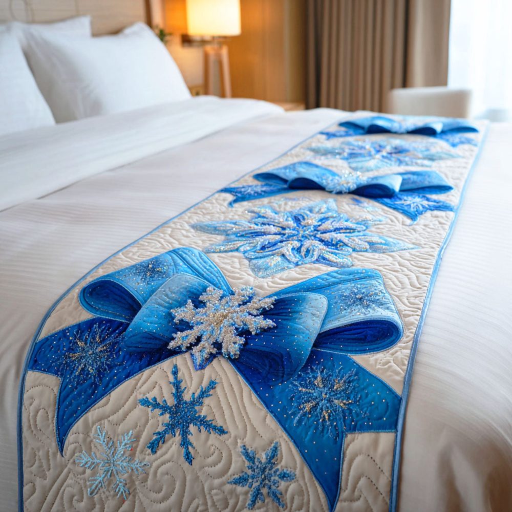 Crystal Ribbon Quilted Decorative Bed Scarf — Elegant Geometric Runner, Soft Cotton Blend, Reversible Accent For Queen And King Bedrooms