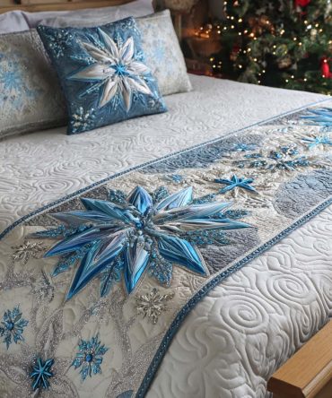 Crystal Star Quilted Bed Runner — Elegant Winter Star Bed Scarf For Holiday & Year-Round Glam, Quilted Metallic Accent