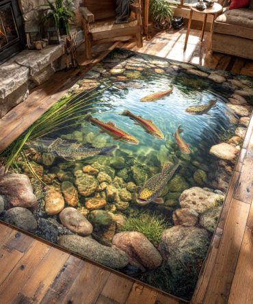Crystal Trout Fish Area Rug — Rustic Fishing Lodge Accent Rug With Trout Motif For Cabin, Kitchen & Entryways