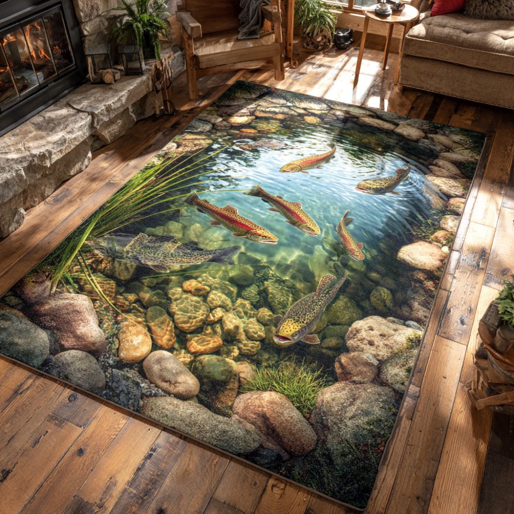 Crystal Trout Fish Area Rug — Rustic Fishing Lodge Accent Rug With Trout Motif For Cabin, Kitchen & Entryways