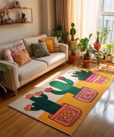 Cute Cactus Decorative Area Rug – Vibrant Southwestern Accent Rug For Boho Living Room, Nursery & Patio Rooms