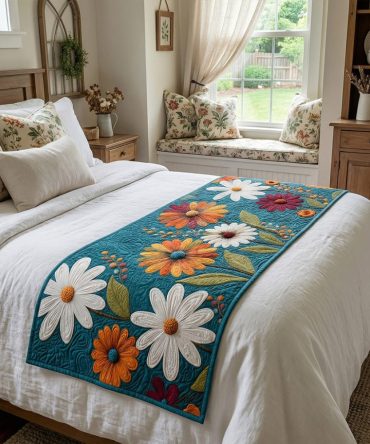 Daises Mosaic Heritage Quilted Bed Runner — Floral Decorative Bed Scarf For Queen & King, Elegant Texture & Machine Washable — Classic Accent