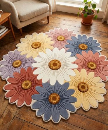 Daisy Fields Shaped Area Rug – Floral Accent Rug For Playrooms, Bedrooms & Bohemian Living Spaces