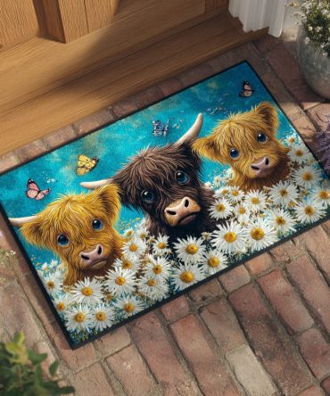 Daisy Highland Cows Welcome Mat - Cheerful Outdoor Entry Rug With Daisy Accents & Highland Cow Design, Durable Porch Mat
