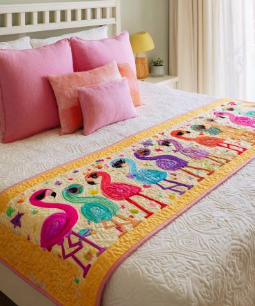Flamingo Dance Quilted Bed Runner — Tropical Pink Flamingo Design, Vibrant Coastal Accent For Beds, Lightweight & Machine Washable