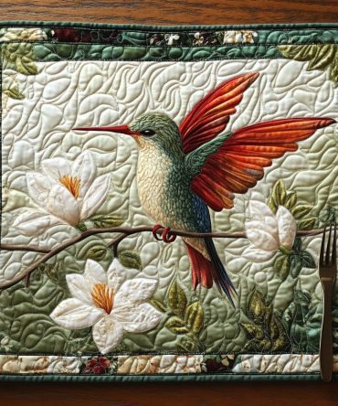 Artisan Quilted Placemat with Dancing Feathers Pattern — Decorative Cotton Table Mat for Boho, Eclectic & Nature-Themed Dining