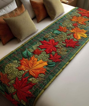 Autumn Dancing Maple Leaves Quilted Bed Runner — Warm Fall Decorative Bed Scarf For Queen & King Beds, Cozy Seasonal Bedroom Accent